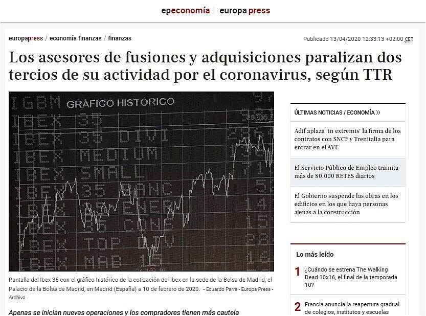 Los asesores de fusiones y adquisiciones paralizan dos tercios de su actividad por el coronavirus, segn TTR